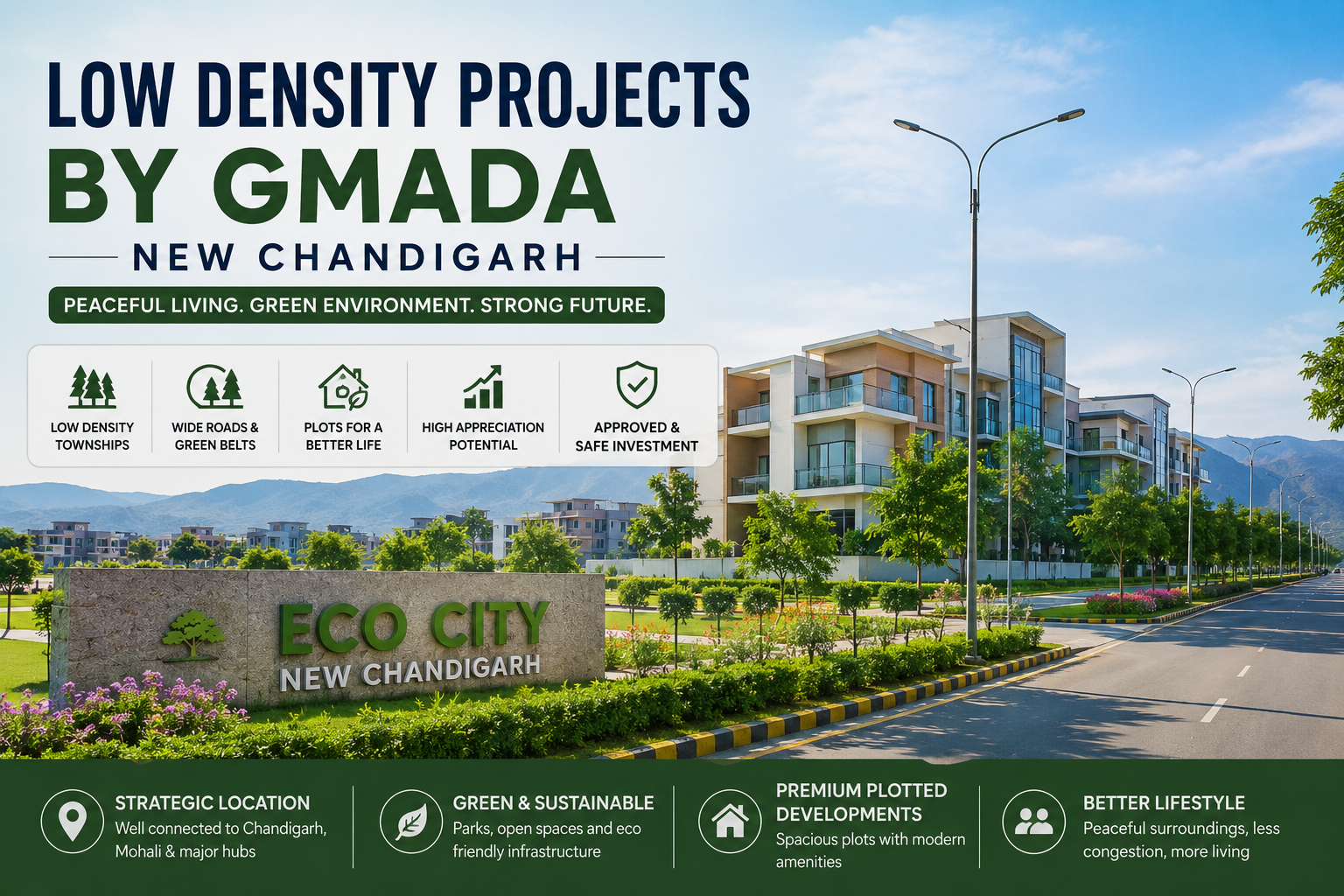 Promotional banner for Low Density Projects by GMADA, New Chandigarh, showing eco-friendly residential development with the Eco City sign and green landscape.