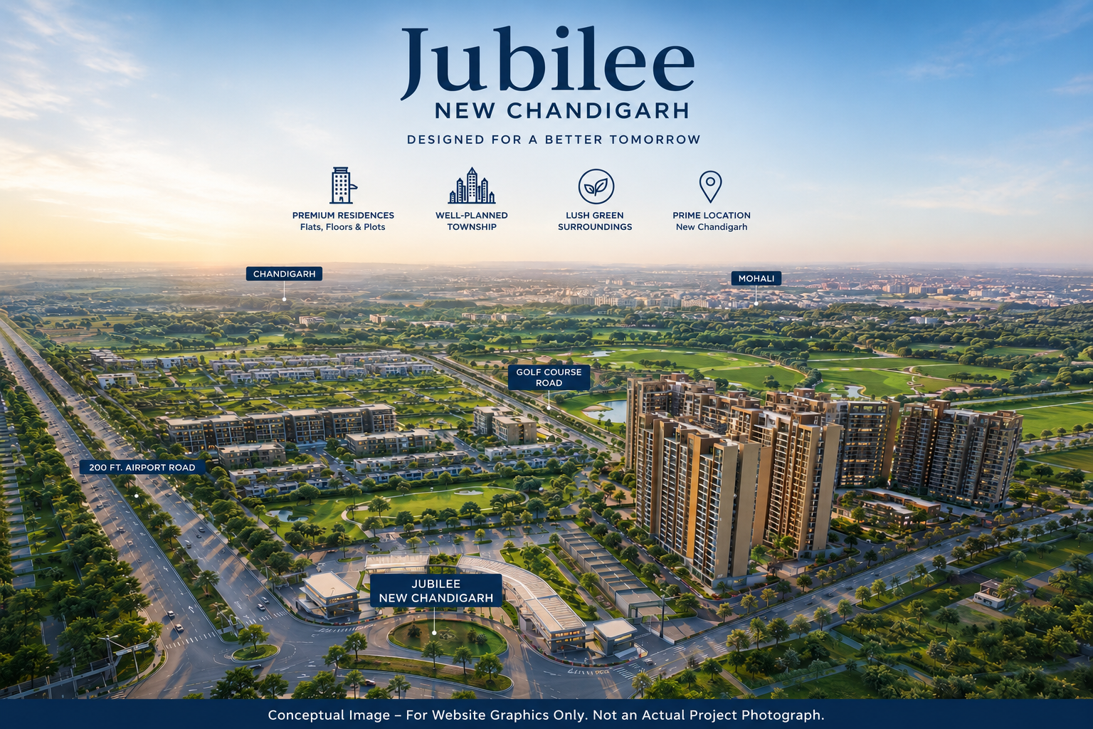 Aerial view of Jubilee New Chandigarh masterplan with labeled landmarks and residential towers in a green landscape farmlands and roads.